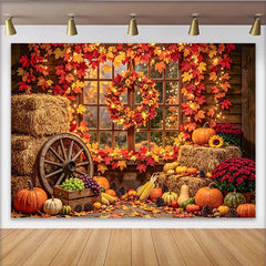 Celebrate Rustic Autumn Backdrop with Pumpkins and Maple Leaves, Cozy Fall Barn Window Background for Studio Portrait