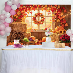 Lofaris Rustic Autumn Harvest Holiday Backdrop with Pumpkins and Hay Bales, Cozy Fall Leaves Window Scene Photography Background