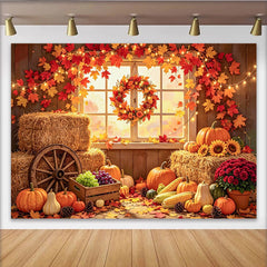 Lofaris Rustic Autumn Harvest Holiday Backdrop with Pumpkins and Hay Bales, Cozy Fall Leaves Window Scene Photography Background