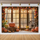 Lofaris Autumn Window Photography Backdrop with Pumpkins and Sunflowers, Rustic Fall Harvest Scene for Studio Photoshoot Decor