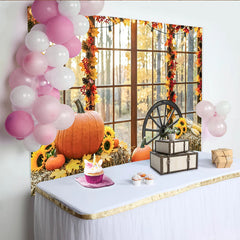 Celebrate Rustic Autumn Thanksgiving Backdrop with Pumpkins, Harvest Sunflower Background for Holiday Party Photo Booth
