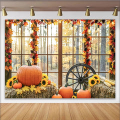 Celebrate Rustic Autumn Thanksgiving Backdrop with Pumpkins, Harvest Sunflower Background for Holiday Party Photo Booth