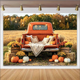 Lofaris Vintage Orange Truck Autumn Backdrop with Pumpkins and Hay Bales, Rustic Fall Harvest Photography Background for Family Photoshoot