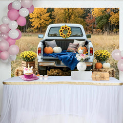 Capture Rustic Fall Pickup Truck Autumn Backdrop with Pumpkins, Scenic Sunflower and Hay Bale Decor for Studio Photo Booth