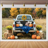 Capture Rustic Fall Pickup Truck Autumn Backdrop with Pumpkins, Scenic Sunflower and Hay Bale Decor for Studio Photo Booth