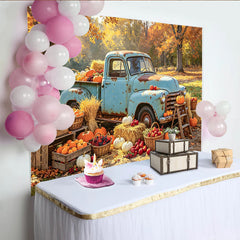Lofaris Vintage Blue Truck Autumn Backdrop for Harvest Festival, Rustic Pumpkin and Hay Background for Portrait Photoshoot