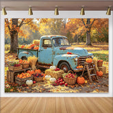 Lofaris Vintage Blue Truck Autumn Backdrop for Harvest Festival, Rustic Pumpkin and Hay Background for Portrait Photoshoot