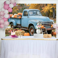 Lofaris Old Blue Truck Autumn Harvest Backdrop with Pumpkins and Hay Bales, Rustic Fall Foliage Background for Thanksgiving Party Decoration