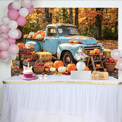 Celebrate Vintage Blue Truck Autumn Backdrop for Fall Harvest Photoshoot, Rustic Pumpkin and Hay Barn Background for Studio Portrait