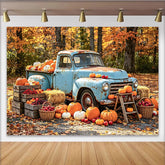 Celebrate Vintage Blue Truck Autumn Backdrop for Fall Harvest Photoshoot, Rustic Pumpkin and Hay Barn Background for Studio Portrait