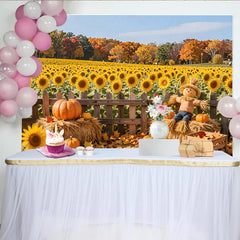 Lofaris Vibrant Autumn Sunflower Photography Backdrop with Pumpkins and Scarecrow, Rustic Fall Harvest Background for Studio Photoshoot