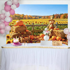 Celebrate Autumn Harvest Backdrop with Scarecrow and Pumpkins, Beautiful Sunflower Field Background for Fall Photoshoot