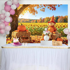 Celebrate Autumn Backdrop with Scarecrow and Pumpkins for Harvest, Beautiful Sunflower Field Background for Portrait Photoshoot