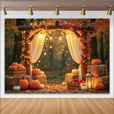 Lofaris Rustic Wooden Arch Fall Harvest Backdrop with Pumpkins and Autumn Leaves, Warm Photography Background for Studio Photoshoot