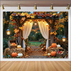 Celebrate Autumn Maple Leaf and Pumpkin Thanksgiving Backdrop, Rustic Wooden Arch Background for Fall Harvest Party
