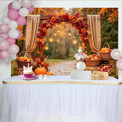 Celebrate Rustic Autumn Backdrop with Pumpkins and Maple Leaves, Harvest Thanksgiving Background for Outdoor Portrait