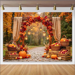 Celebrate Rustic Autumn Backdrop with Pumpkins and Maple Leaves, Harvest Thanksgiving Background for Outdoor Portrait