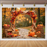 Celebrate Rustic Autumn Backdrop with Pumpkins and Lanterns, Beautiful Thanksgiving Harvest Background for Photoshoot