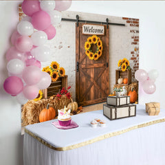Lofaris Rustic Autumn Harvest Backdrop with Barn Door and Sunflowers, Pumpkins and Hay Bales for Fall Party Decor, Photo Background