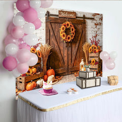 Celebrate Rustic Autumn Barn Door Photography Backdrop for Fall, Beautiful Sunflower and Pumpkin Background for Studio Photo