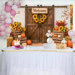 Lofaris Rustic Barn Door Autumn Harvest Photography Backdrop with Pumpkins and Sunflowers, Farmhouse Welcome Sign Photo Background for Fall