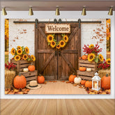 Lofaris Rustic Barn Door Autumn Harvest Photography Backdrop with Pumpkins and Sunflowers, Farmhouse Welcome Sign Photo Background for Fall