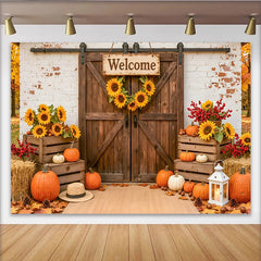 Lofaris Rustic Barn Door Autumn Harvest Photography Backdrop with Pumpkins and Sunflowers, Farmhouse Welcome Sign Photo Background for Fall