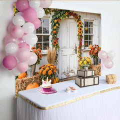 Capture Rustic Autumn Porch Photography Backdrop with Sunflowers, Beautiful Fall Pumpkin Background for Studio Portrait