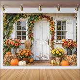 Capture Rustic Autumn Porch Photography Backdrop with Sunflowers, Beautiful Fall Pumpkin Background for Studio Portrait