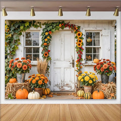 Capture Rustic Autumn Porch Photography Backdrop with Sunflowers, Beautiful Fall Pumpkin Background for Studio Portrait