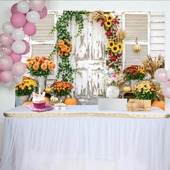 Capture Rustic Fall Door Autumn Photography Backdrop for Portrait, Beautiful Pumpkin and Sunflower Background for Studio Photo