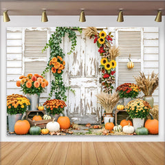 Capture Rustic Fall Door Autumn Photography Backdrop for Portrait, Beautiful Pumpkin and Sunflower Background for Studio Photo