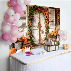 Lofaris Rustic Autumn Harvest Backdrop with Pumpkins, Sunflowers and Wooden Door, Charming Fall Farmhouse Background for Thanksgiving Decor