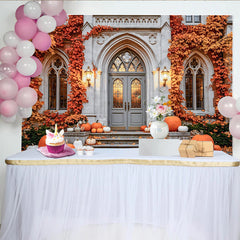 Celebrate Autumn Backdrop with Pumpkins and Vintage Stone Door, Rustic Fall Maple Leaves Background for Thanksgiving Party