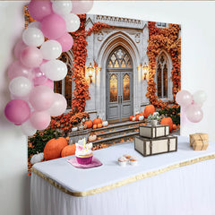 Celebrate Autumn Backdrop with Pumpkins and Vintage Stone Door, Rustic Fall Maple Leaves Background for Thanksgiving Party