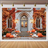 Celebrate Autumn Backdrop with Pumpkins and Vintage Stone Door, Rustic Fall Maple Leaves Background for Thanksgiving Party
