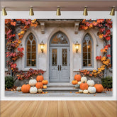 Celebrate Fall Porch Autumn Backdrop with Pumpkins and Maple Leaves, Elegant House Door Background for Thanksgiving Photo Booth