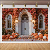 Capture Autumn Pumpkin Door Photography Backdrop for Fall Portrait, Rustic Thanksgiving Background Banner for Studio Photo