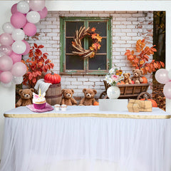 Lofaris Rustic Autumn Backdrop with Teddy Bears and Pumpkins, Cozy Fall Background for Studio Portrait Photography