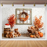 Lofaris Autumn Photography Backdrop with Teddy Bears and Pumpkins, Cozy Fall Studio Background for Portrait Photoshoot