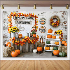 Celebrate Rustic Pumpkin Patch Autumn Backdrop for Fall Harvest, Sunflowers and Maple Leaves Background for Studio Photo Booth