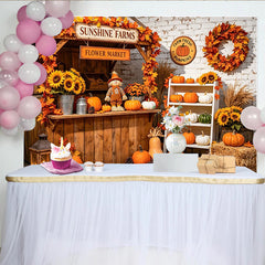 Celebrate Rustic Pumpkin Patch Autumn Backdrop for Thanksgiving, Beautiful Sunflower and Scarecrow Background for Portrait