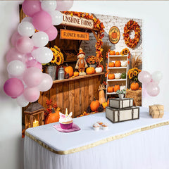 Celebrate Rustic Pumpkin Patch Autumn Backdrop for Thanksgiving, Beautiful Sunflower and Scarecrow Background for Portrait
