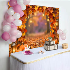 Celebrate Fall Autumn Backdrop with Maple Leaves and Pumpkins, Rustic Wood Lantern Background for Thanksgiving Party