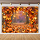 Celebrate Fall Autumn Backdrop with Maple Leaves and Pumpkins, Rustic Wood Lantern Background for Thanksgiving Party