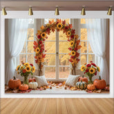 Lofaris Autumn Photography Backdrop with Pumpkins and Sunflowers, Cozy Fall Window Scene Background for Studio Photoshoot
