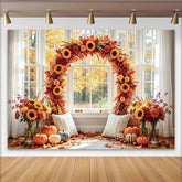 Celebrate Autumn Backdrop with Sunflowers and Pumpkins for Portrait, Warm Window Background for Thanksgiving Studio Photoshoot