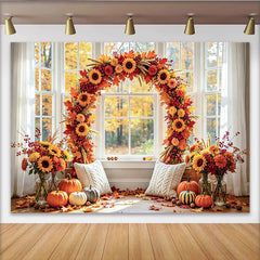 Celebrate Autumn Backdrop with Sunflowers and Pumpkins for Portrait, Warm Window Background for Thanksgiving Studio Photoshoot