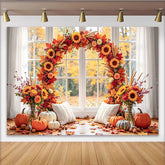 Celebrate Autumn Backdrop with Sunflowers and Pumpkins for Portrait, Cozy Window Background for Fall Studio Photoshoot