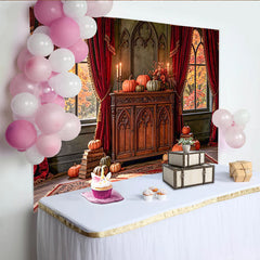 Lofaris Autumn Backdrop with Pumpkins, Red Curtains and Gothic Windows, Rustic Wooden Cabinet Photo Background for Fall Event Decoration